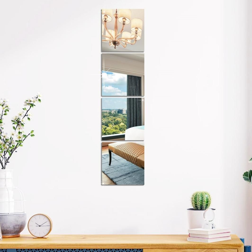 4 Big Square Silver 3D Acrylic Mirror Wall Stickers ✨🪞