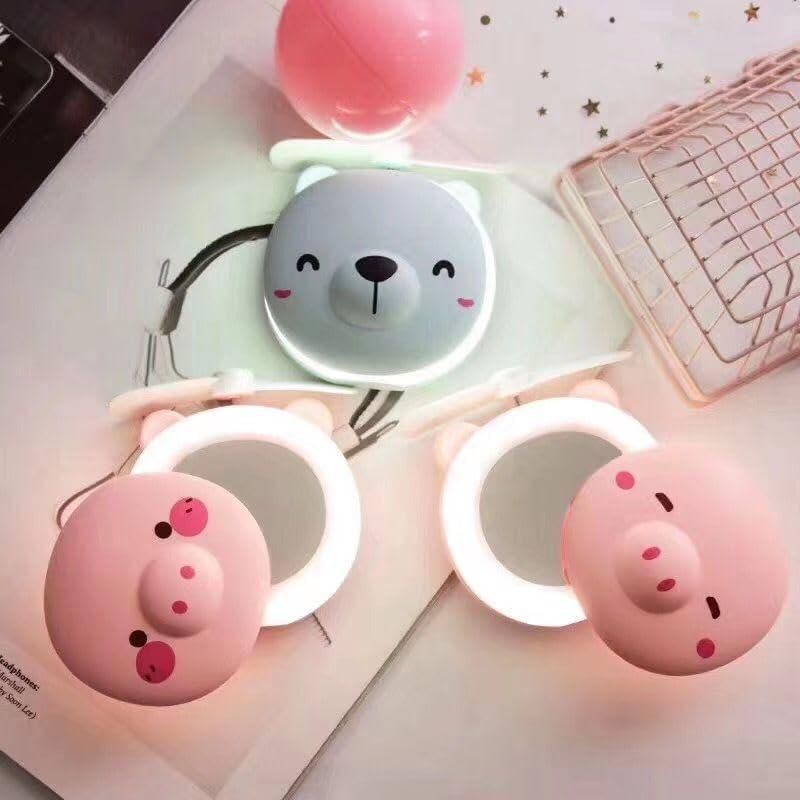 Cartoon Cute Pig LED Lights Mirror Pocket Fan 🐷