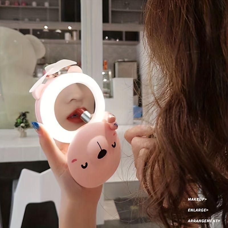 Cartoon Cute Pig LED Lights Mirror Pocket Fan 🐷
