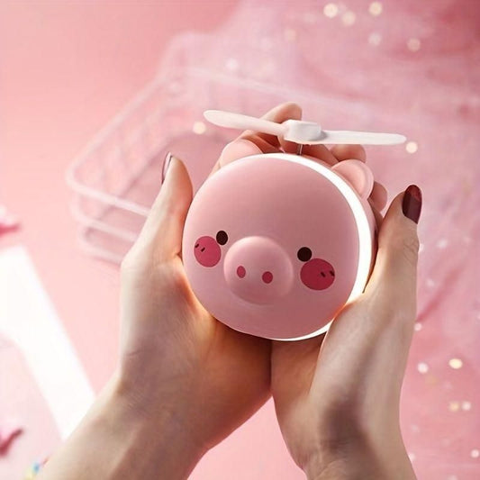 Cartoon Cute Pig LED Lights Mirror Pocket Fan 🐷