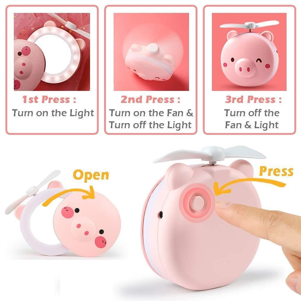 Cartoon Cute Pig LED Lights Mirror Pocket Fan 🐷
