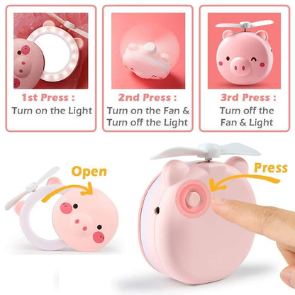 Cartoon Cute Pig LED Lights Mirror Pocket Fan 🐷